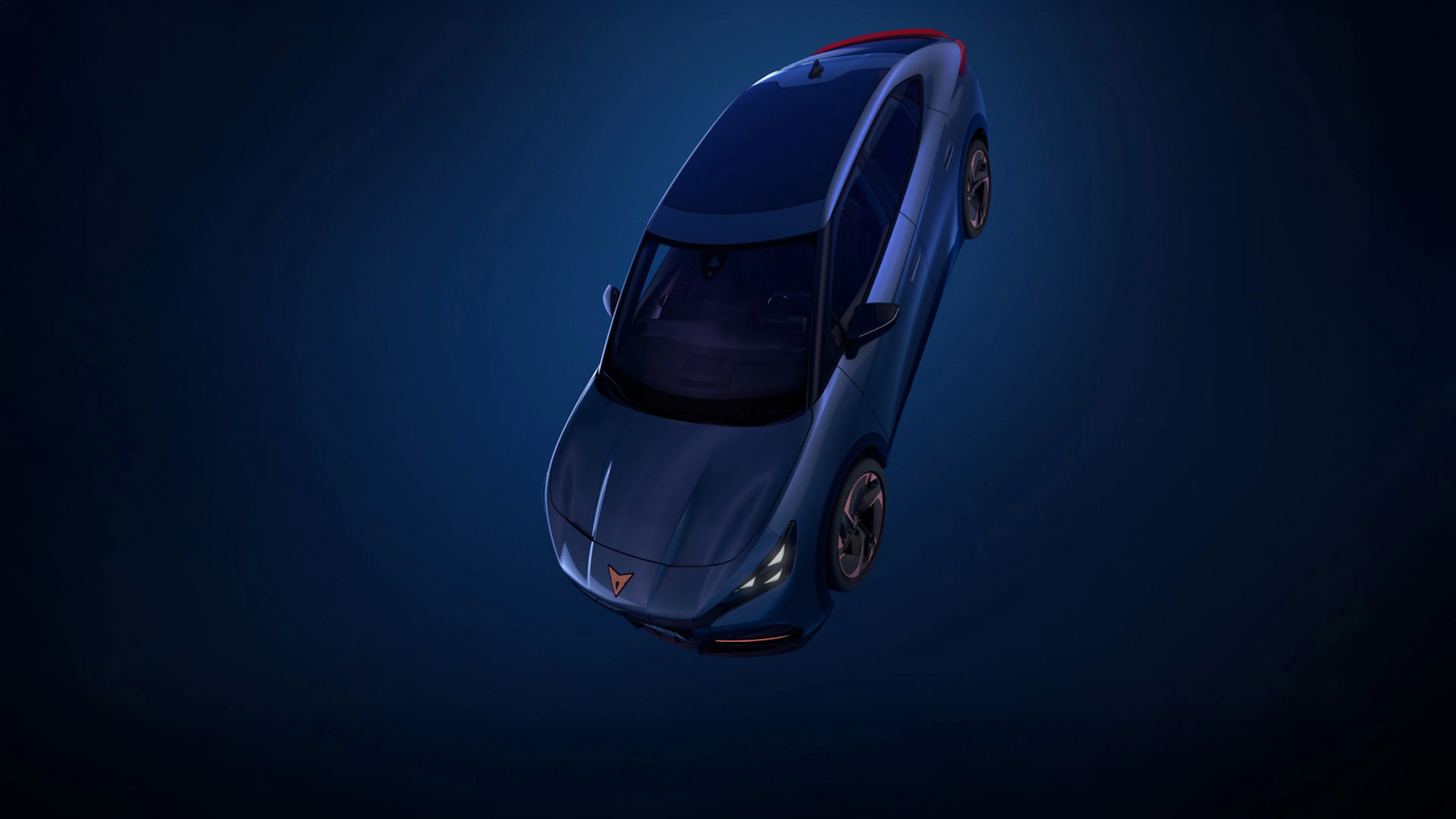 Cupra Tavascan SUV électrique au design sportif, vue trois-quarts avant, finition mate avec éclairage LED moderne sur fond sombre